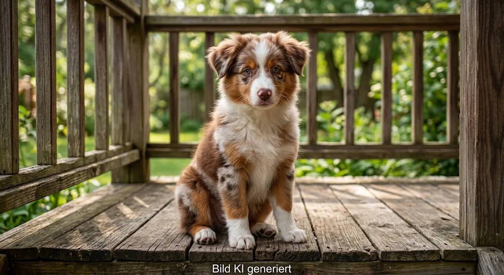 Red-Merle-Welpe des Miniature Australian Shepherd sitzt auf einer Holzterrasse