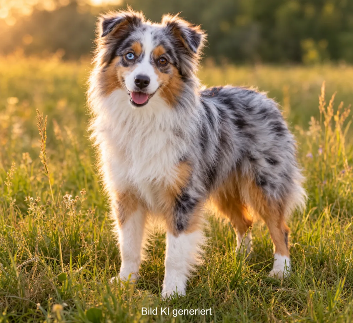 Miniature Australian Shepherd in Blue Merle mit kupferfarbenen Abzeichen auf einer Wiese