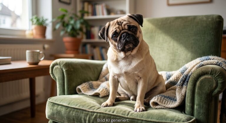 Ein Mops sitzt auf einem grünen Sessel und schaut direkt in die Kamera. Im Hintergrund sind ein Fenster, eine Tasse Kaffee und ein Bücherregal zu sehen.