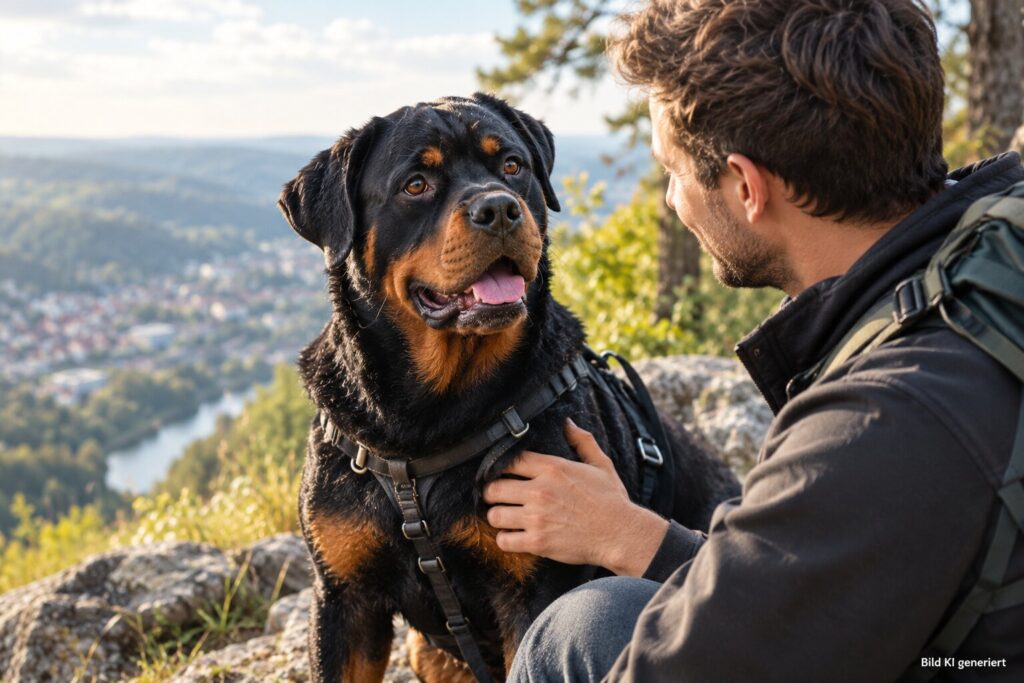 EIn Rottweiler schaut seinen Besitzer an