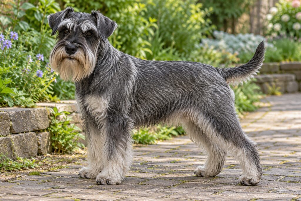 Zwergschnauzer in Pfeffer-Salz mit Bart steht auf einem Gartenweg